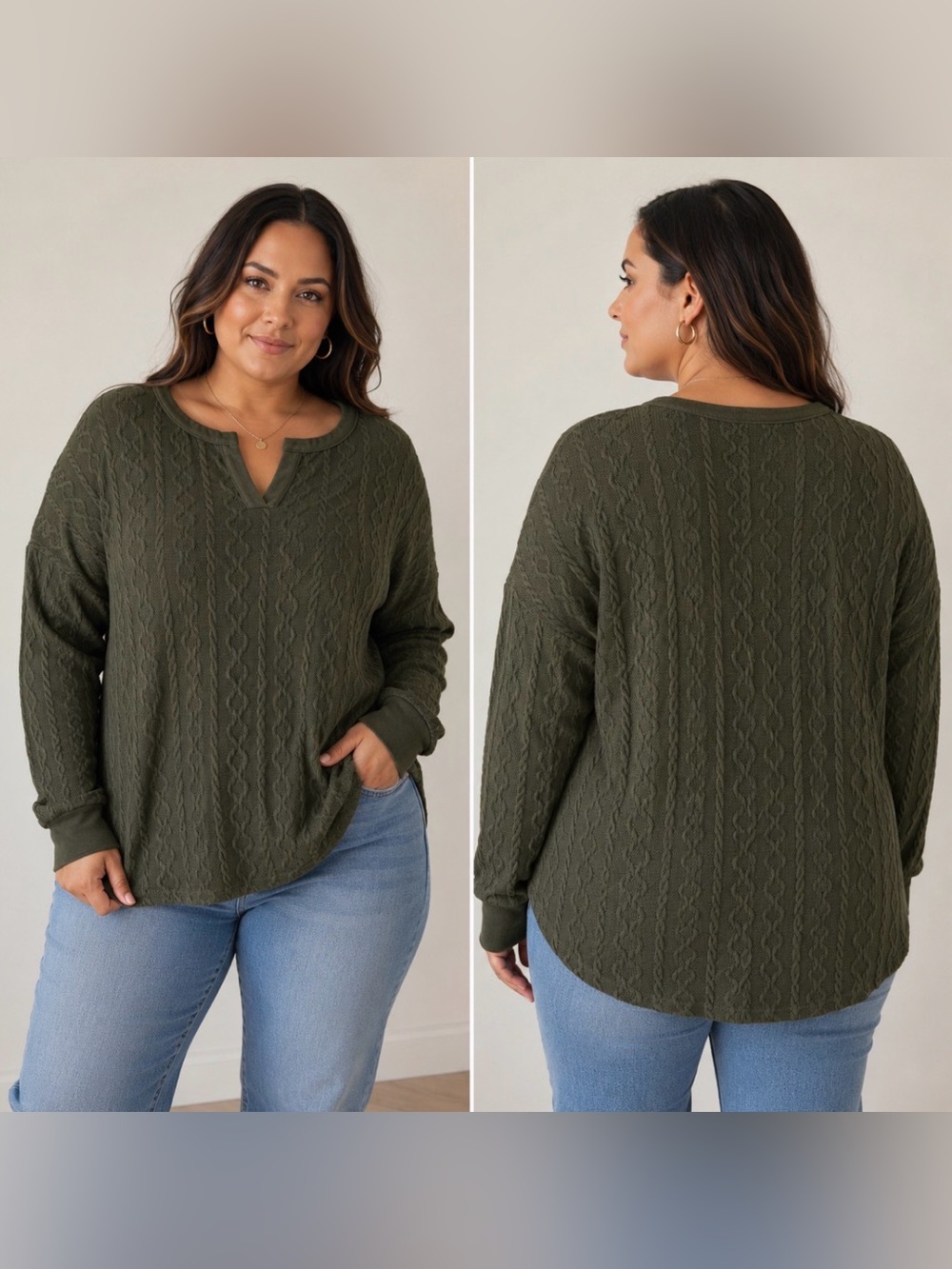 Weekend Susana BetroOlive Green Cable-Knit Scoop Sweater,Size 2X